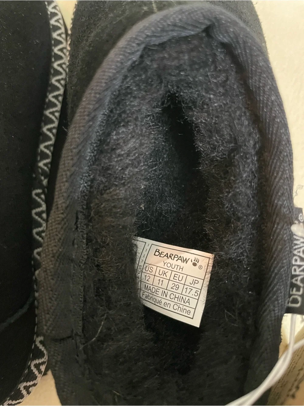 BearPaw Kids Black Plush-Lined Slip-On Slippers Size 12 Youth